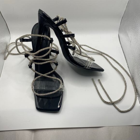 Olivia Jaymes Rhinestone Lace Up Heels Black Patent Clear Strap Size 8 formal - Picture 3 of 6